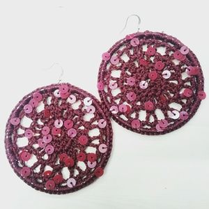 Boho style burgundy sequin hoop pierced earrings